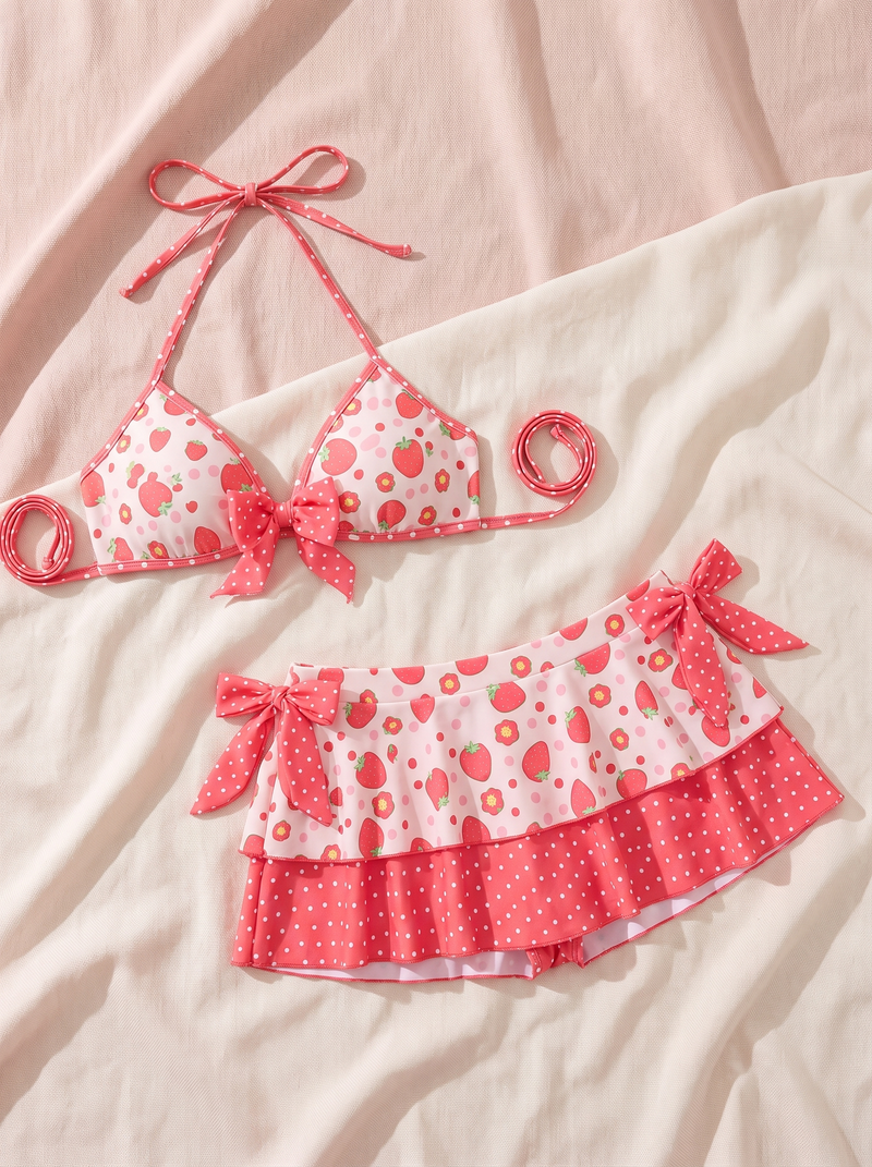 Fraise bow bikini flat-lay