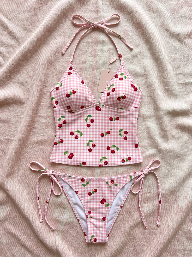 Cerise cherry gingham tankini flat-lay
