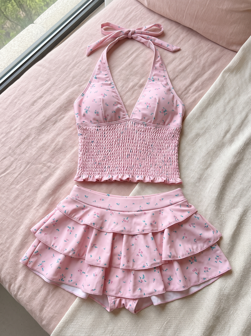 Frou-Frou pink ruffle swimsuit flat-lay