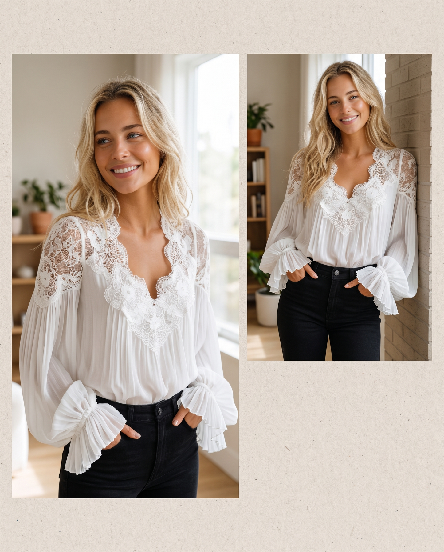 Lexi styling the lace-trimmed puff blouse