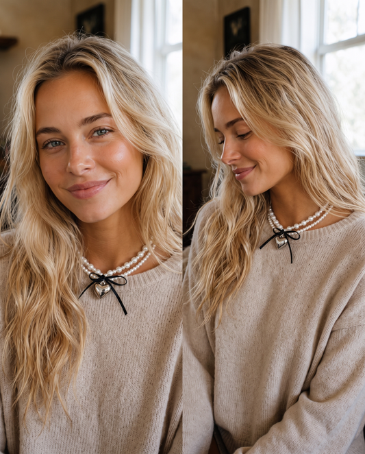 Lexi wearing the ribbon bow pearl necklace