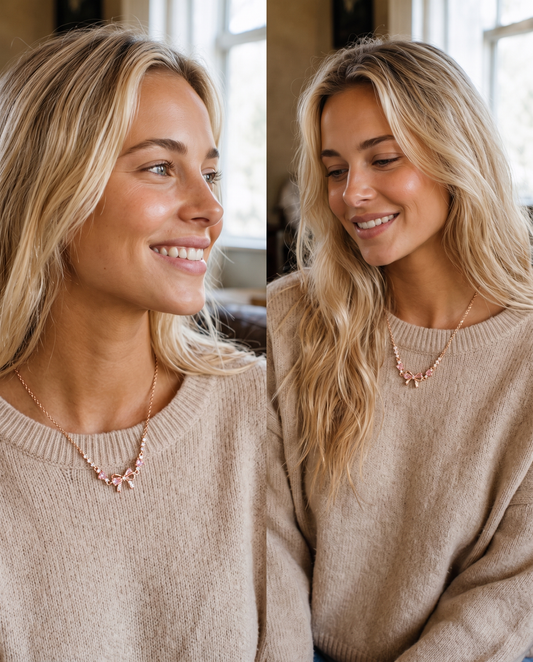 Lexi wearing the zircon bow necklace