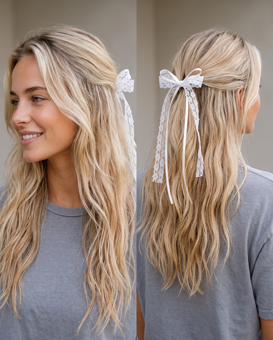Lexi wearing the lace ribbon bow barrette