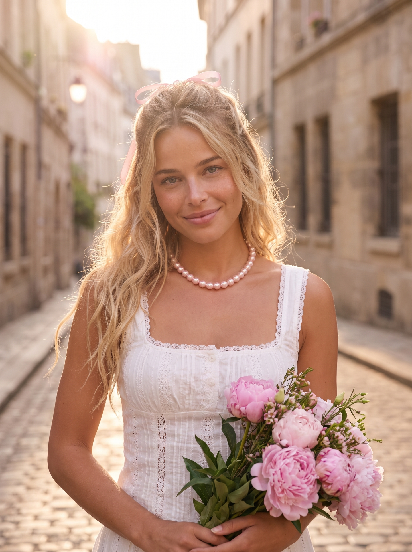 Lexi wearing the Perle rose pearl necklace at golden hour