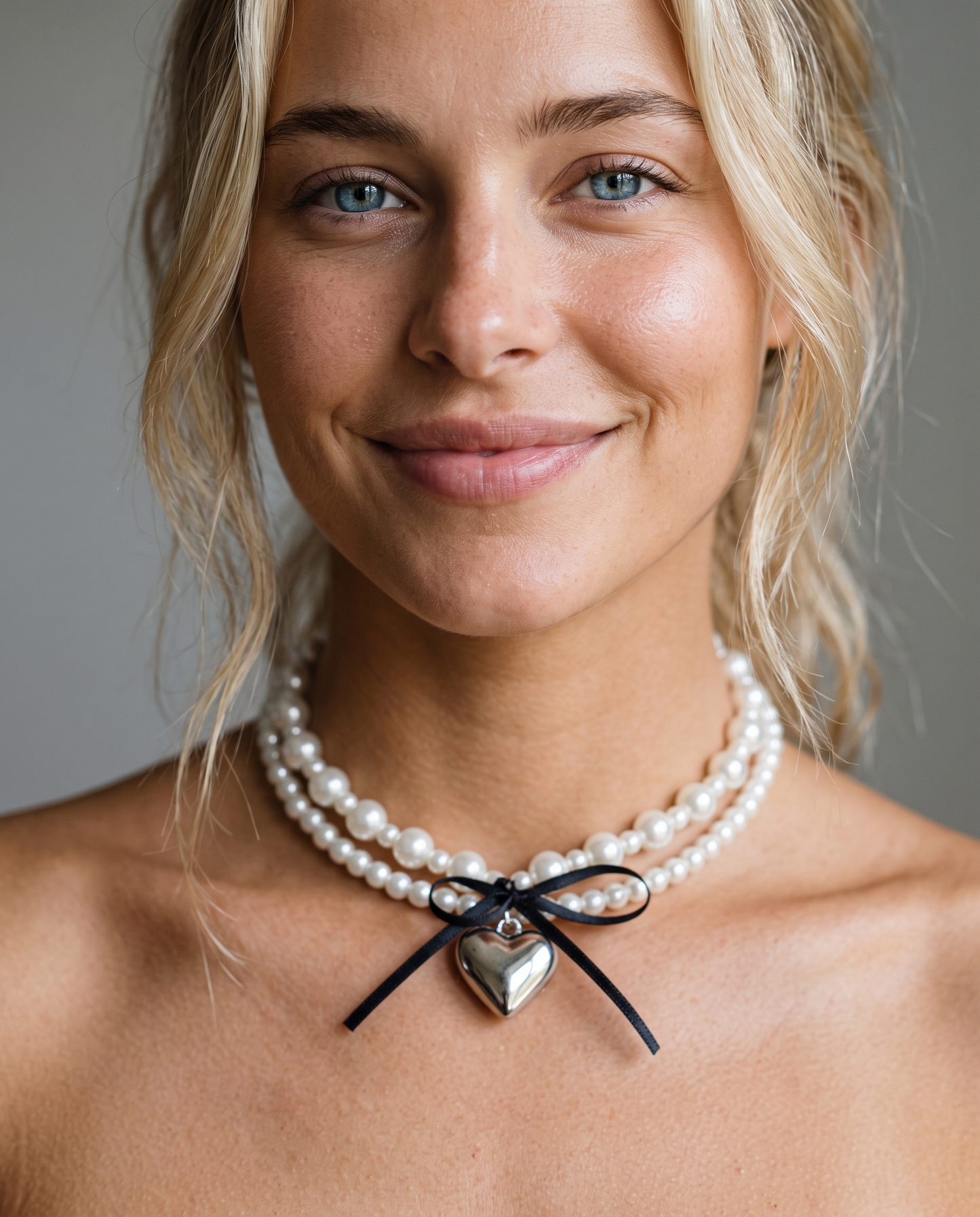 Lexi wearing the ribbon bow pearl necklace