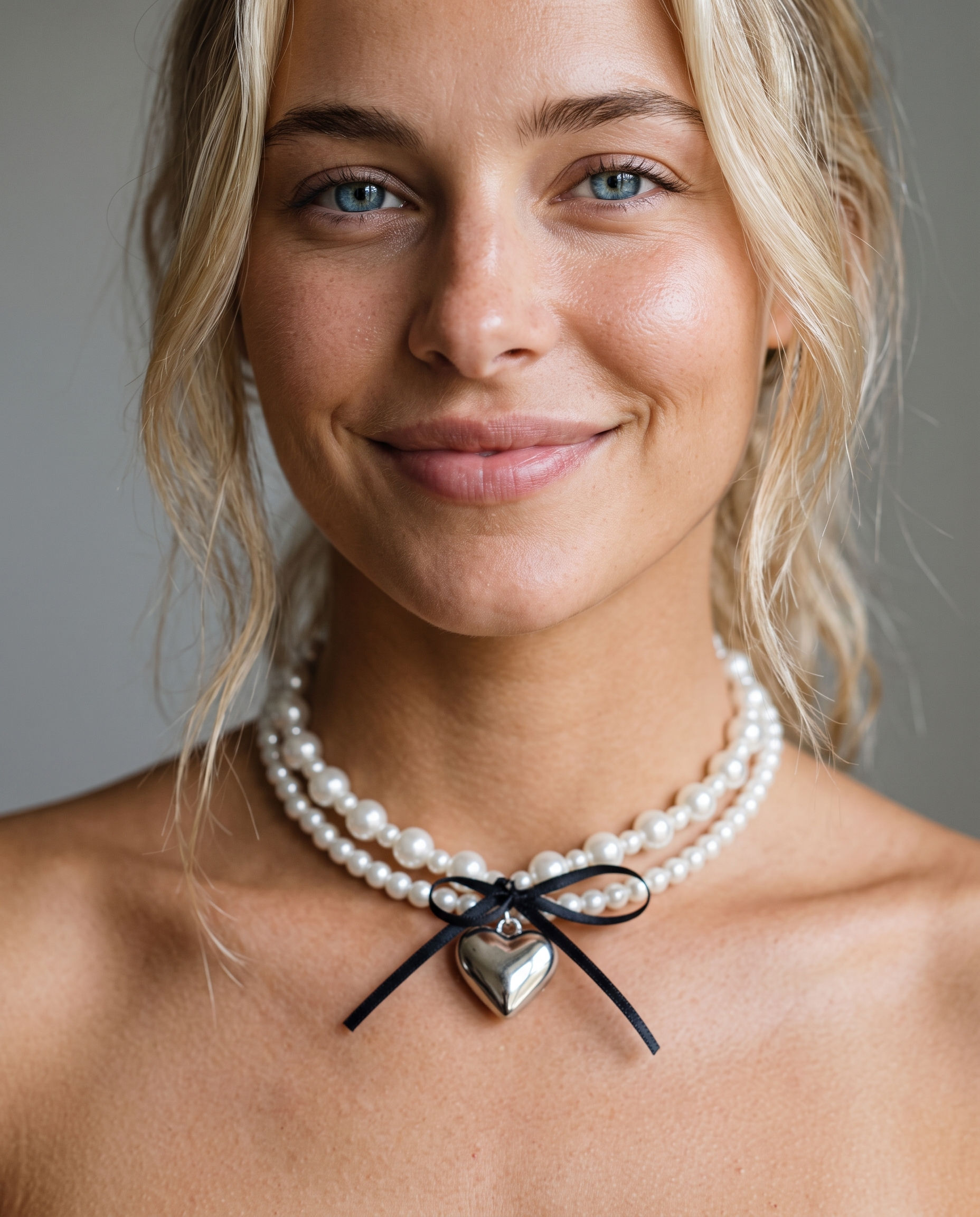 Lexi wearing the ribbon bow pearl necklace