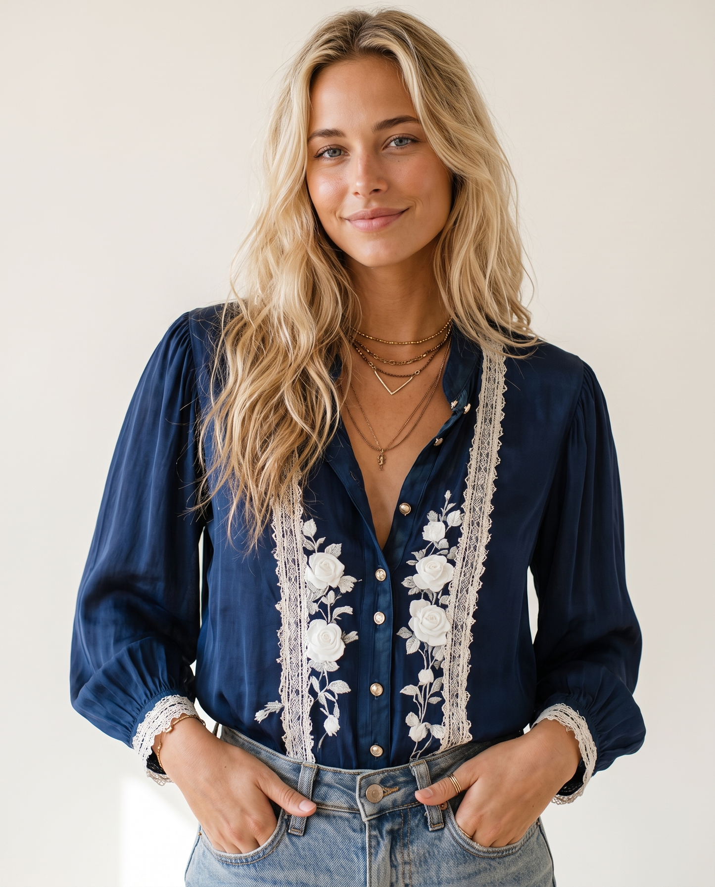 Lexi wearing the lace floral blouse