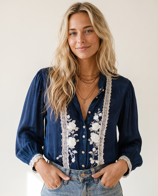 Lexi wearing the lace floral blouse