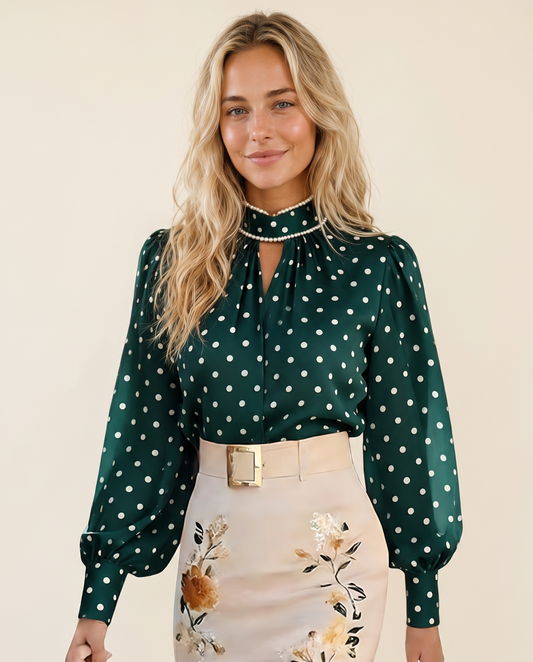 Lexi wearing the stand-collar puff blouse