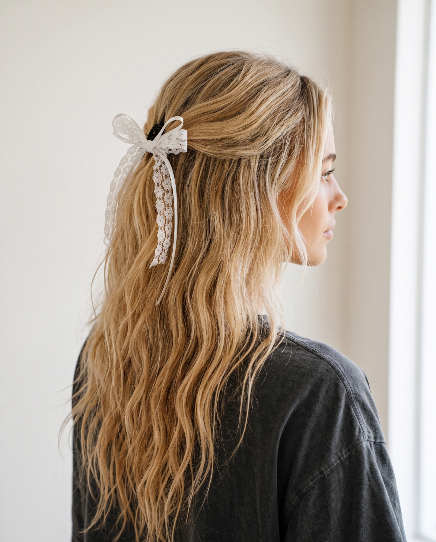 Lexi wearing the lace ribbon bow barrette