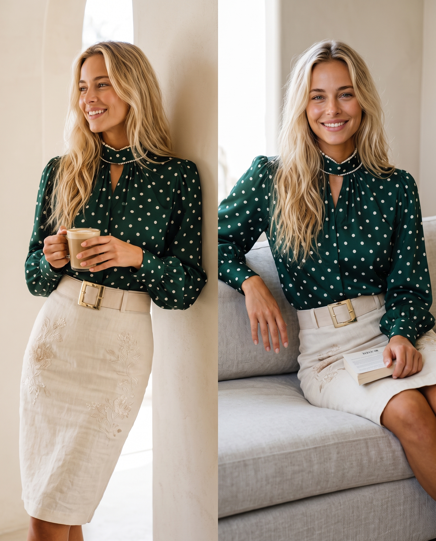 Lexi styling the stand-collar puff blouse