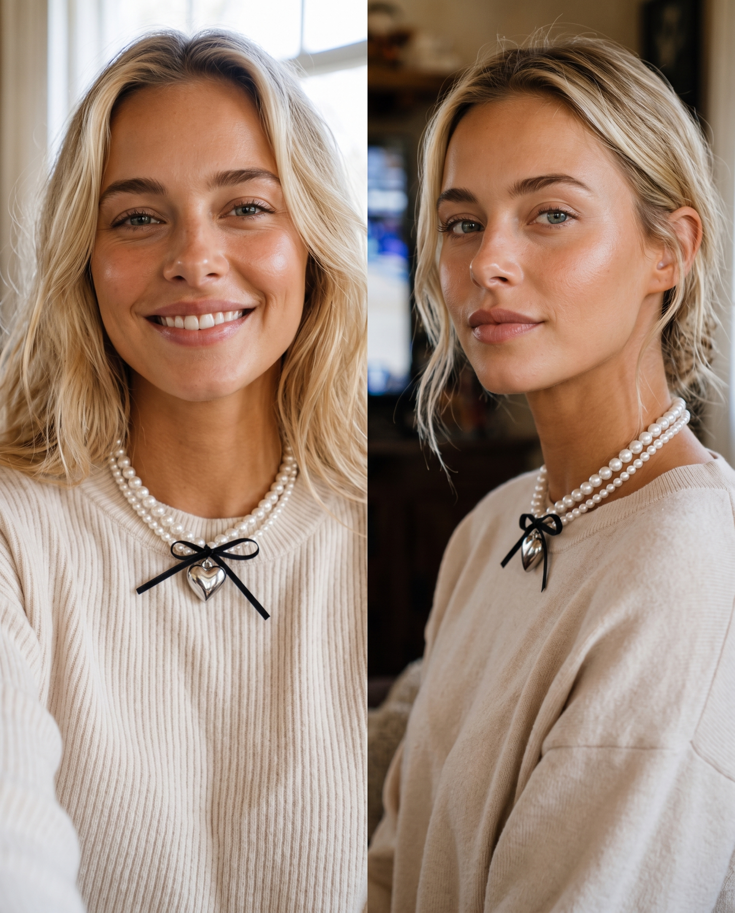 Lexi wearing the ribbon bow pearl necklace