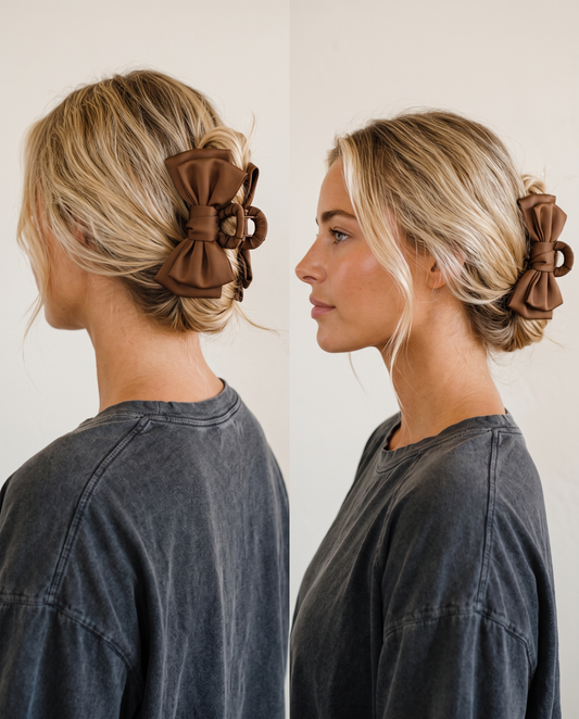 Lexi wearing the satin bow claw clip